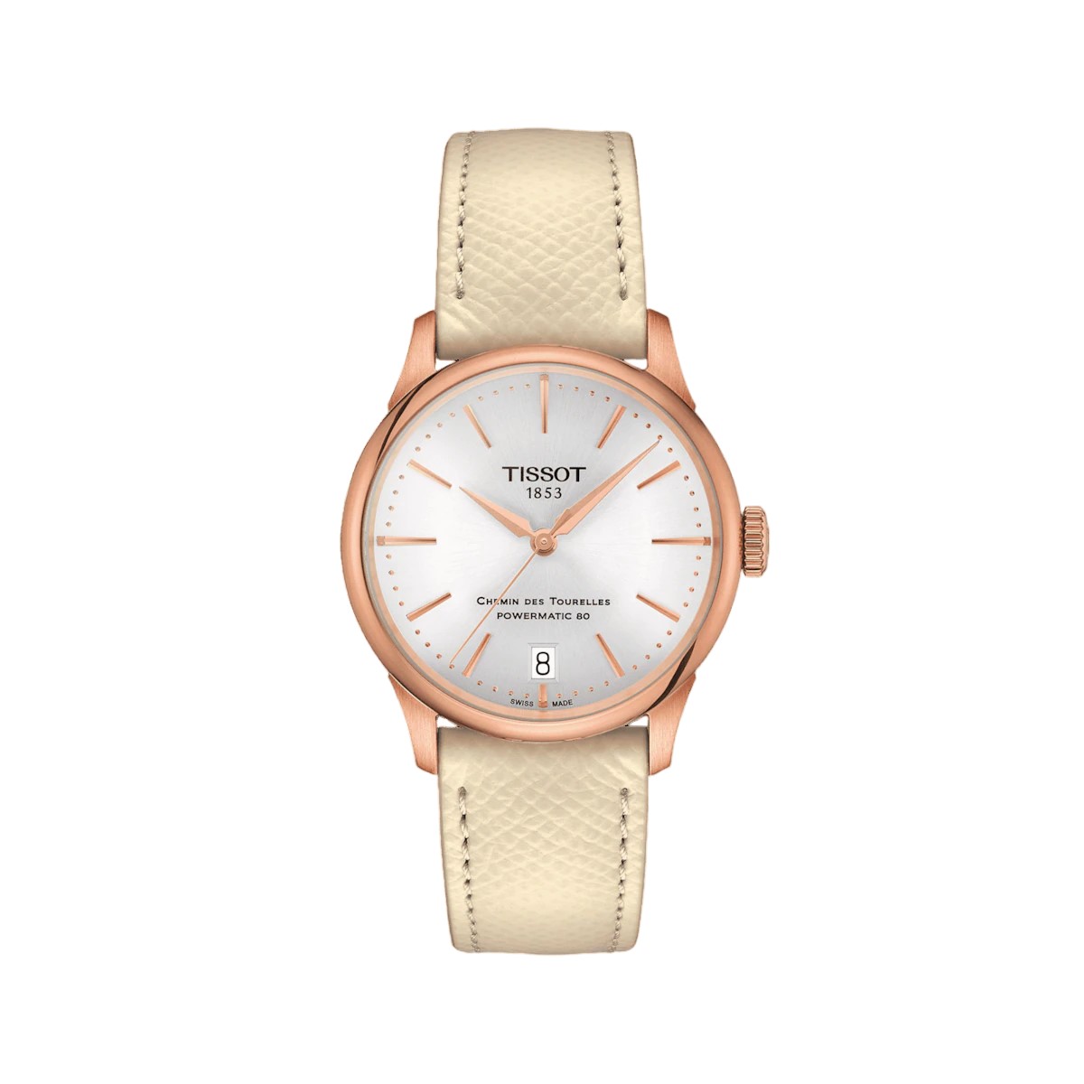 Tissot Women's Swiss Automatic Chemin Des Tourelles Powermatic 80 White Leather Strap Watch 34mm In Beige / Cream / Gold / Gold Tone / Rose / Rose Gold / Rose Gold Tone / Silver