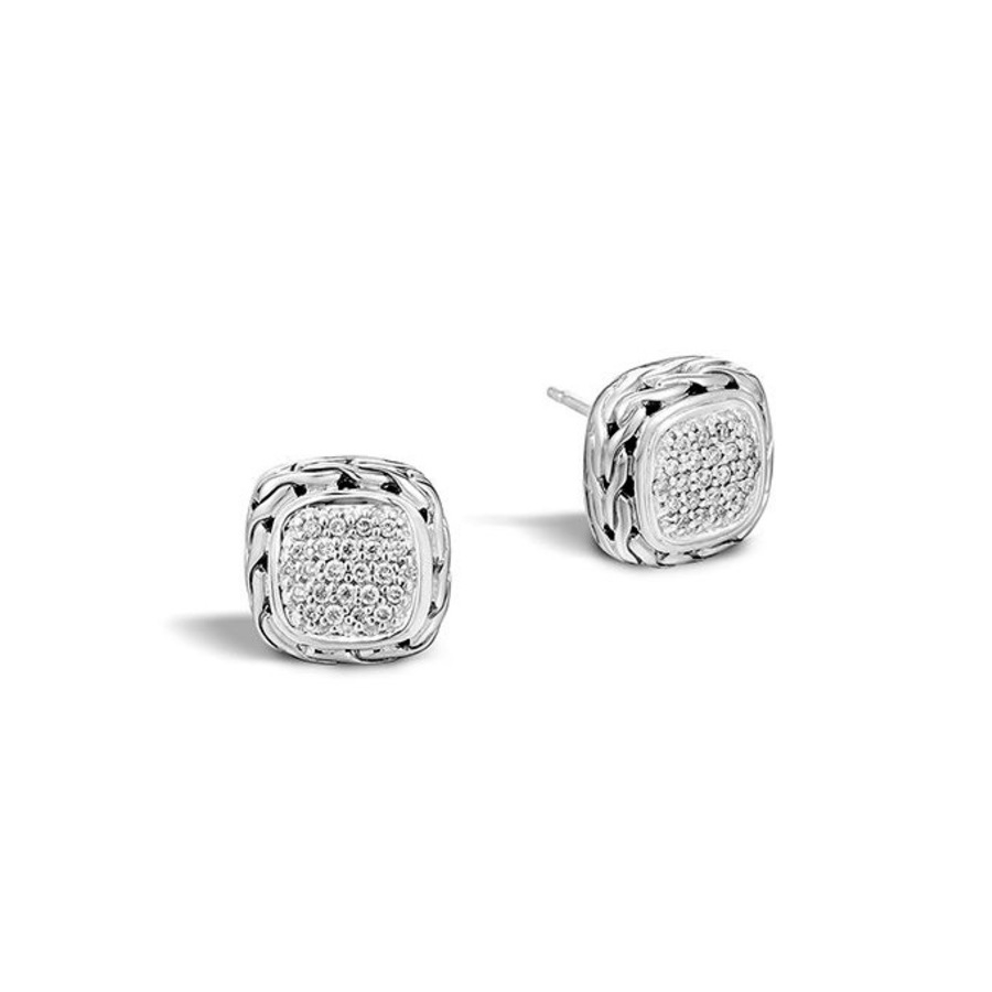 John Hardy Classic Chain Silver Diamond Pav (0.28ct) Small Square Earrings In Silver-tone