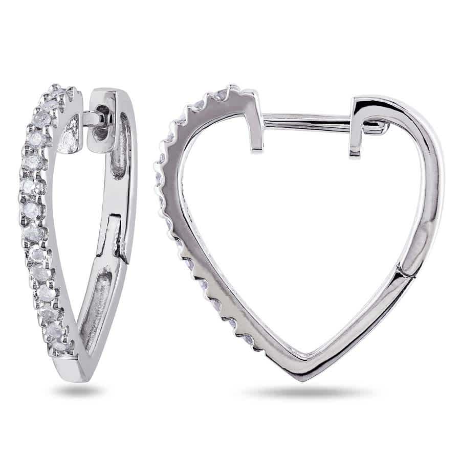Amour 1/4 Ct Tw Diamond Heart Hoop Earrings In Sterling Silver