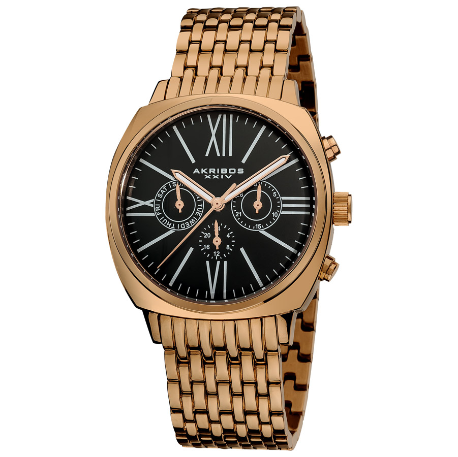 Akribos Xxiv Akribos Black Dial Rose Tone Stainless Steel Mens Watch Ak636rg In Black,gold Tone,pink,rose Gold Tone