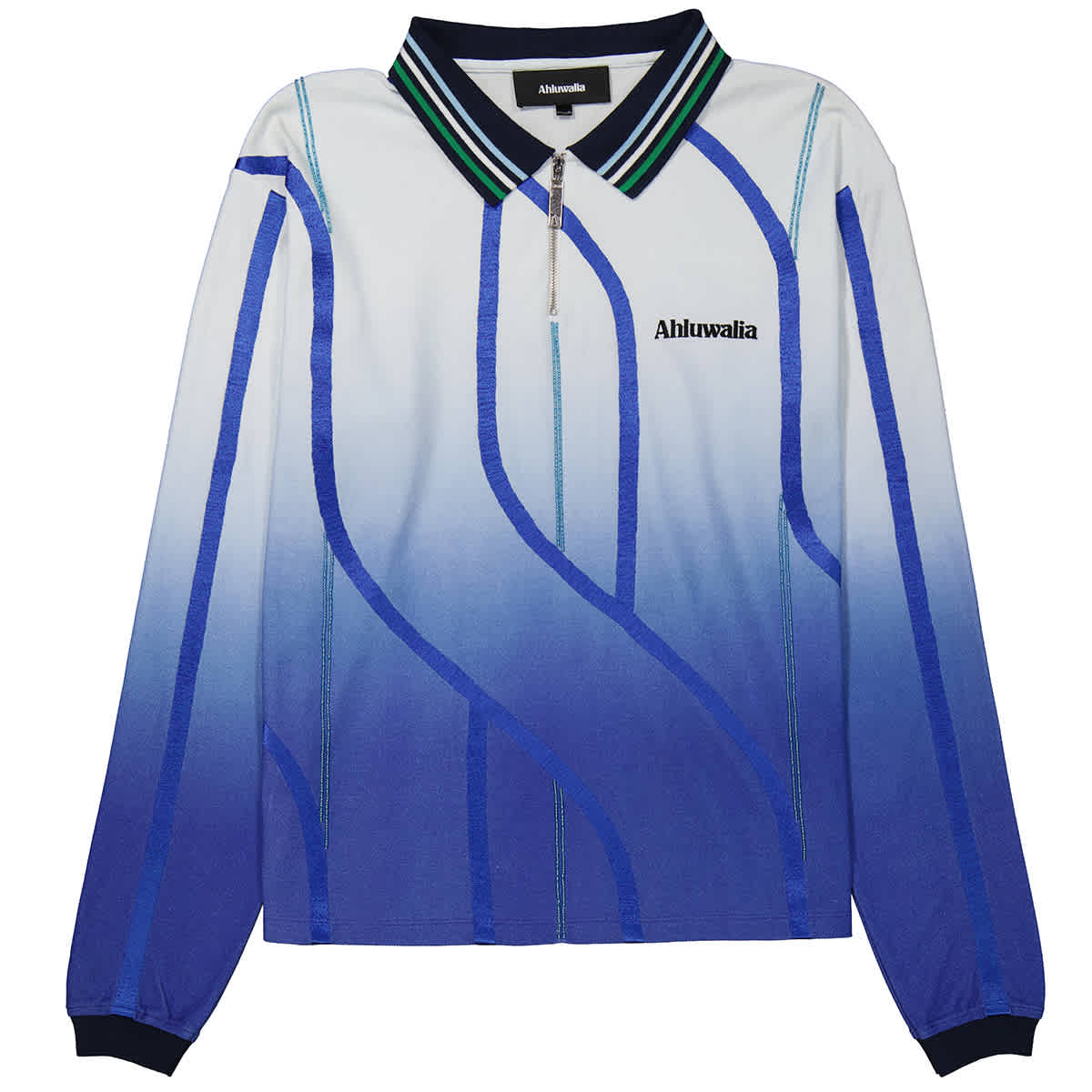 Ahluwalia Expression Zip-up Long-sleeved Polo Shirt In Blue/white