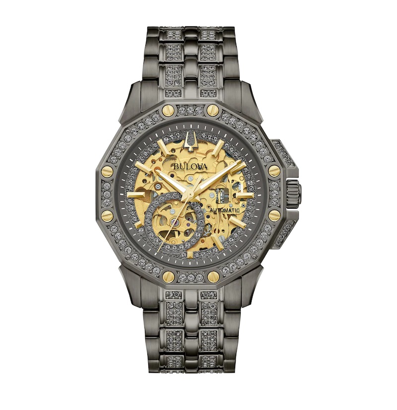 Shop Bulova Octava Automatic Crystal Gold Skeleton Dial Men's Watch 98a293 In Gold / Gold Tone / Gray / Skeleton