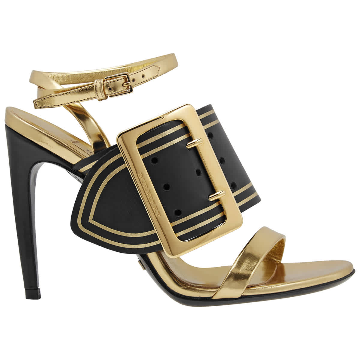 Burberry Ladies Two-tone Leather Sandals With Buckles In Black,gold Tone,two Tone