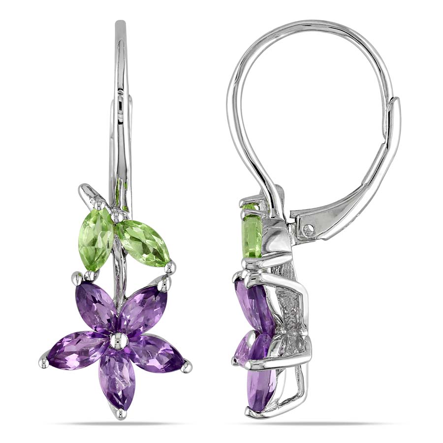 Amour 1 4/5 Ct Tgw Amethyst And Peridot Floral Leverback Earrings In Sterling Silver In Amethyst / Silver