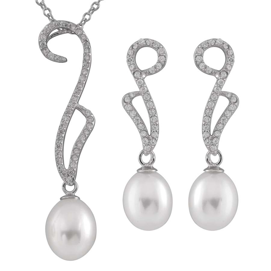 Bella Pearl Sterling Silver Pearl Pendant And Earring Set Nesr-177 In Silver Tone