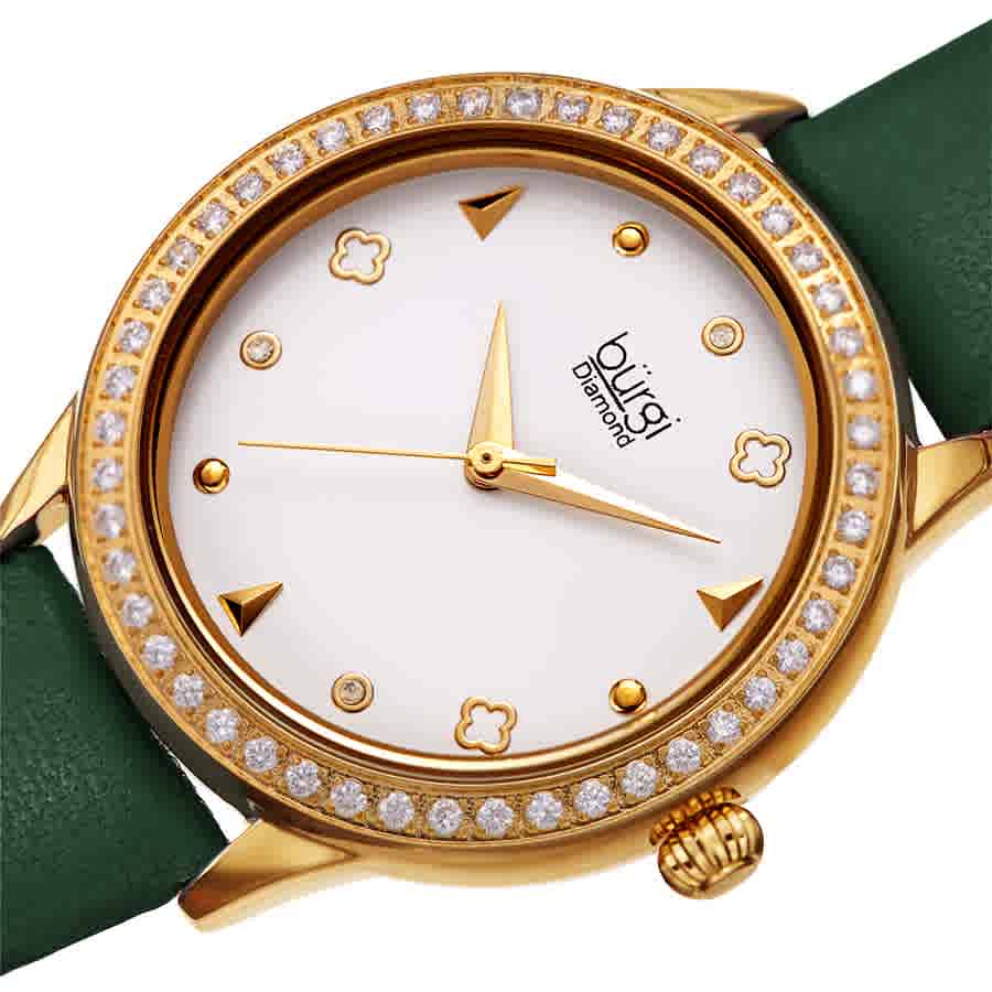 Burgi Burgi Diamond White Dial Green Leather Ladies Watch BUR22