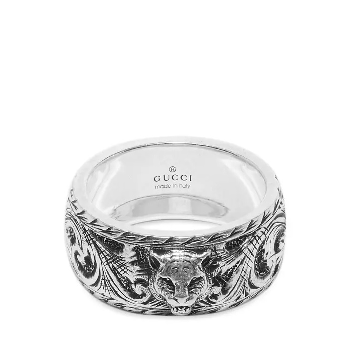 GUCCI AGED STERLING SILVER ELINE HEAD DETAIL RING, SIZE 15