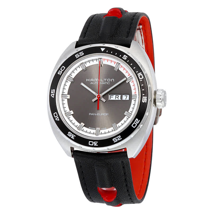 Click to view more detailed imagery on our partner's website Hamilton American Classic Pan Europ Automatic Mens Watch H35415781 In Black,grey,red,silver Tone