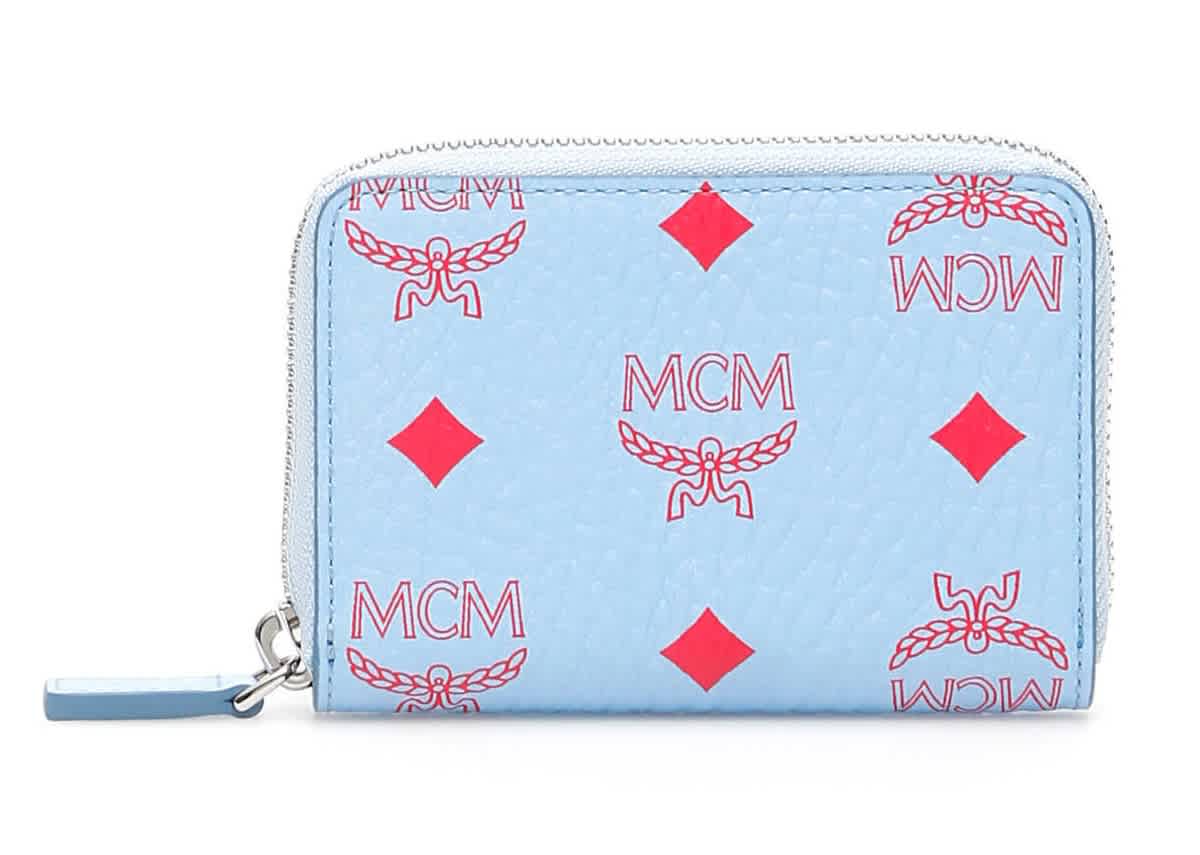 Mcm Ladies Visetos Original Zip Coin Mini Wallet-blue In Blue,silver Tone