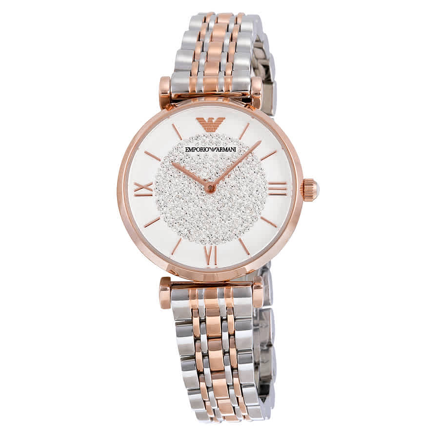 Emporio Armani Armani White Crystal Pave Dial Two-tone Ladies Watch Ar1926 In Gold Tone,pink,rose Gold Tone,silver Tone,two Tone,white