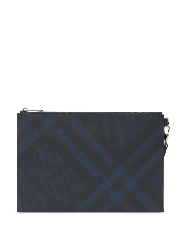 BURBERRY NAVY LONDON CHECK AND LEATHER ZIP POUCH