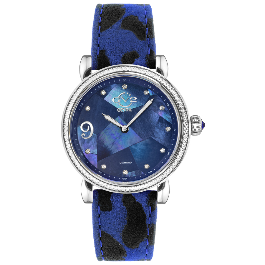 Gv2 By Gevril Ravenna Diamond Blue Mother Of Pearl Dial Ladies Watch 12603 In Blue,mother Of Pearl,silver Tone