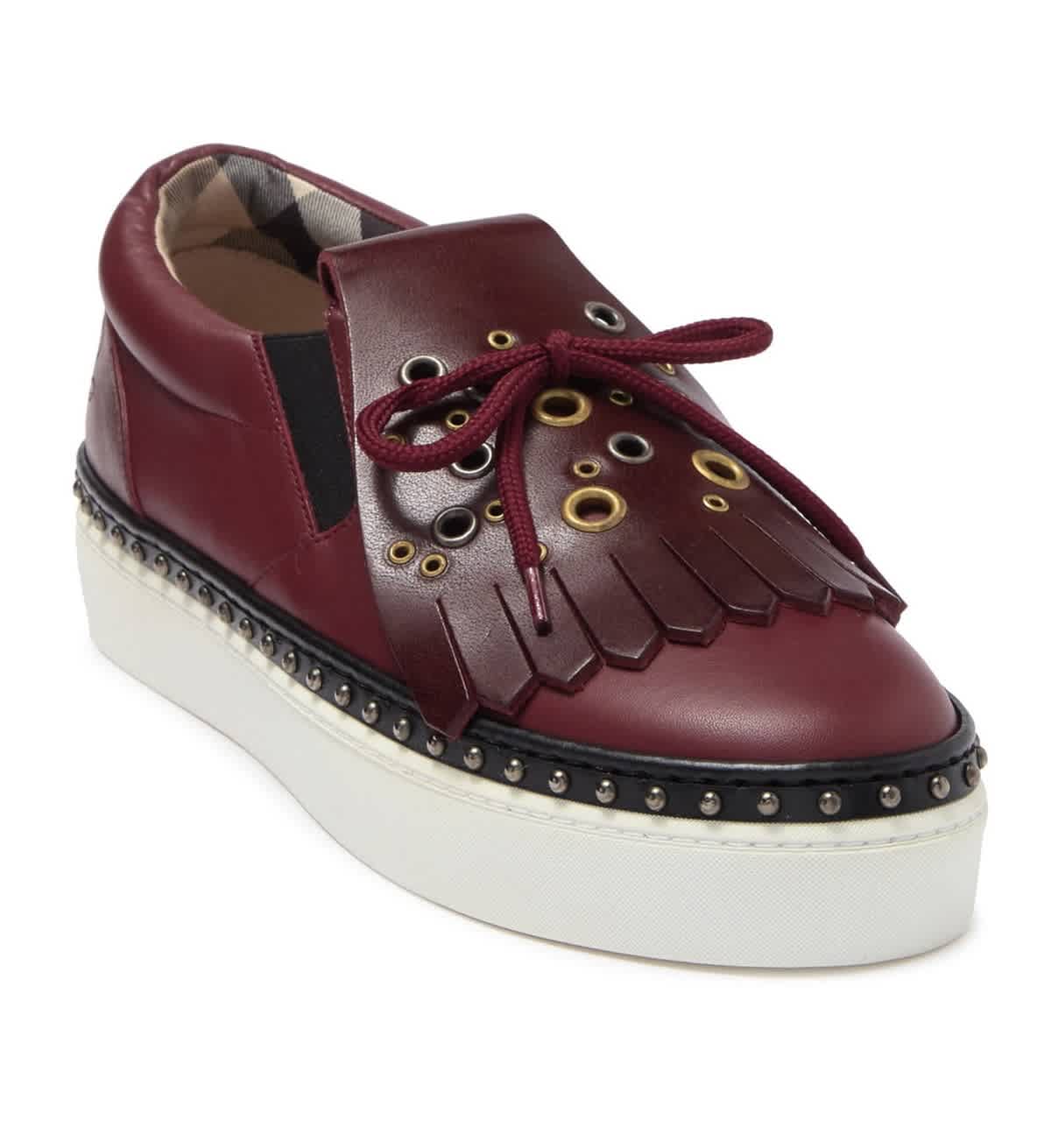 BURBERRY KILTIE FRINGE LEATHER SNEAKERS IN CERISE PURPLE