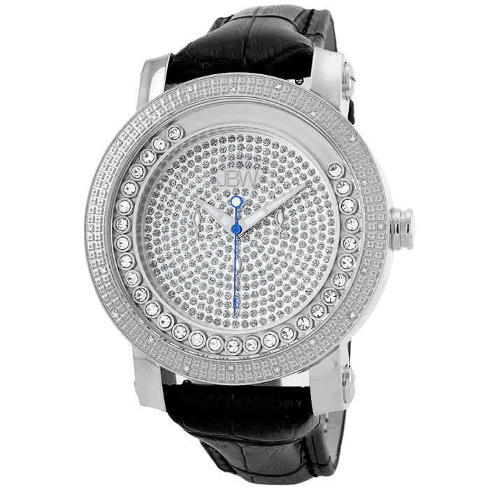 Jbw Hendrix Steel Case Black Leather Strap White Crystal Pave Dial Mens Watch Jb-6211l-g In Black,white