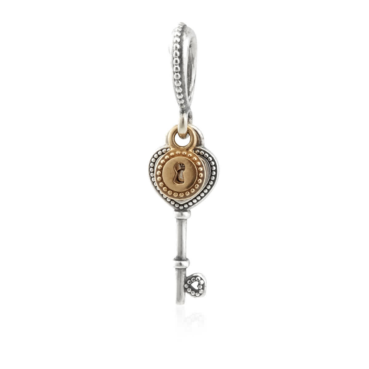 Pandora Sterling Silver And 14k Gold Heart-shaped Key Dangle Charm In Gold Tone,silver Tone