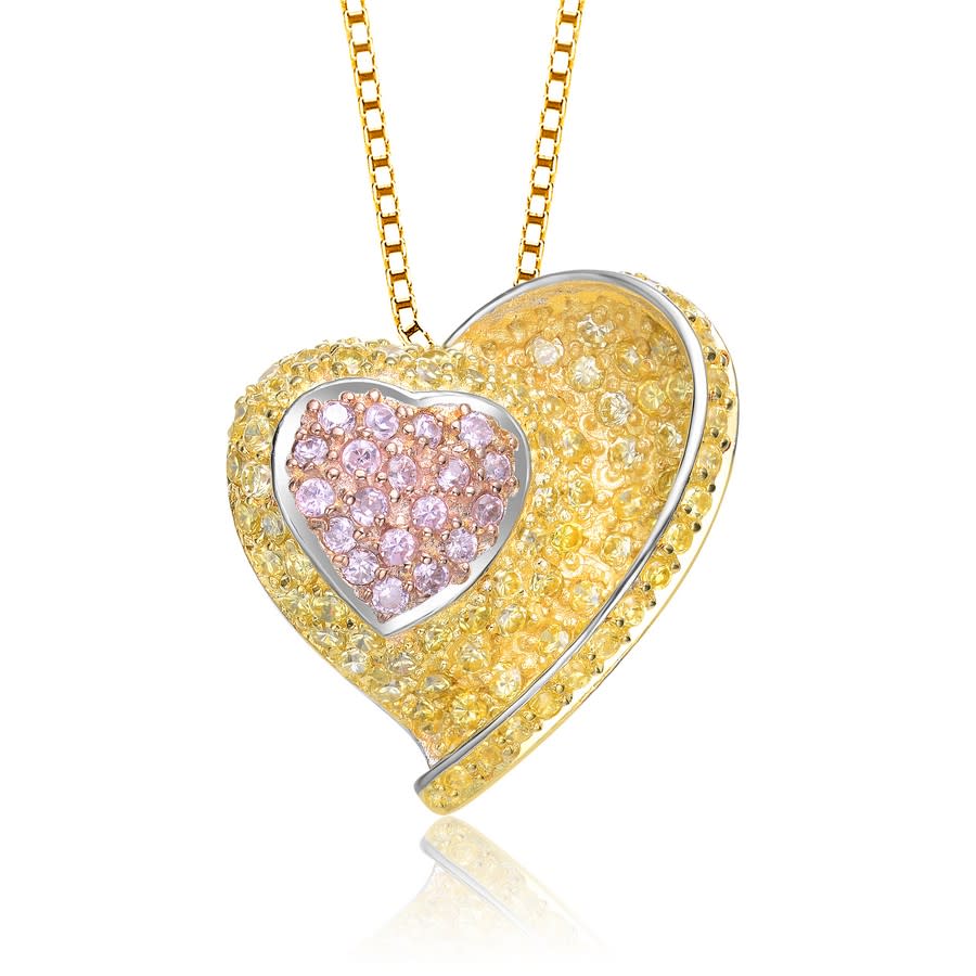 Megan Walford Sterling Silver Pink And Yellow Cubic Zirconia Double Heart Pendant Necklace In Gold Tone,green,pink,rose Gold Tone,silver Tone,yellow