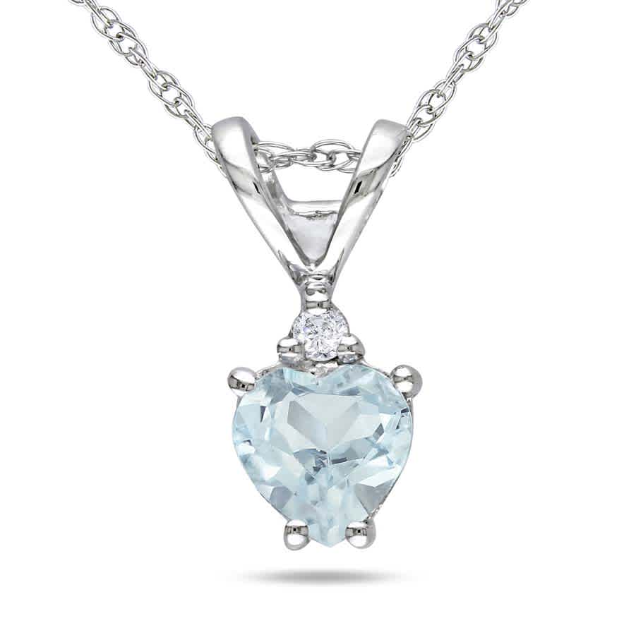 Amour 10k White Gold Aquamarine And Diamond Necklace Jms002677 In Aqua / Aquamarine / Gold / White