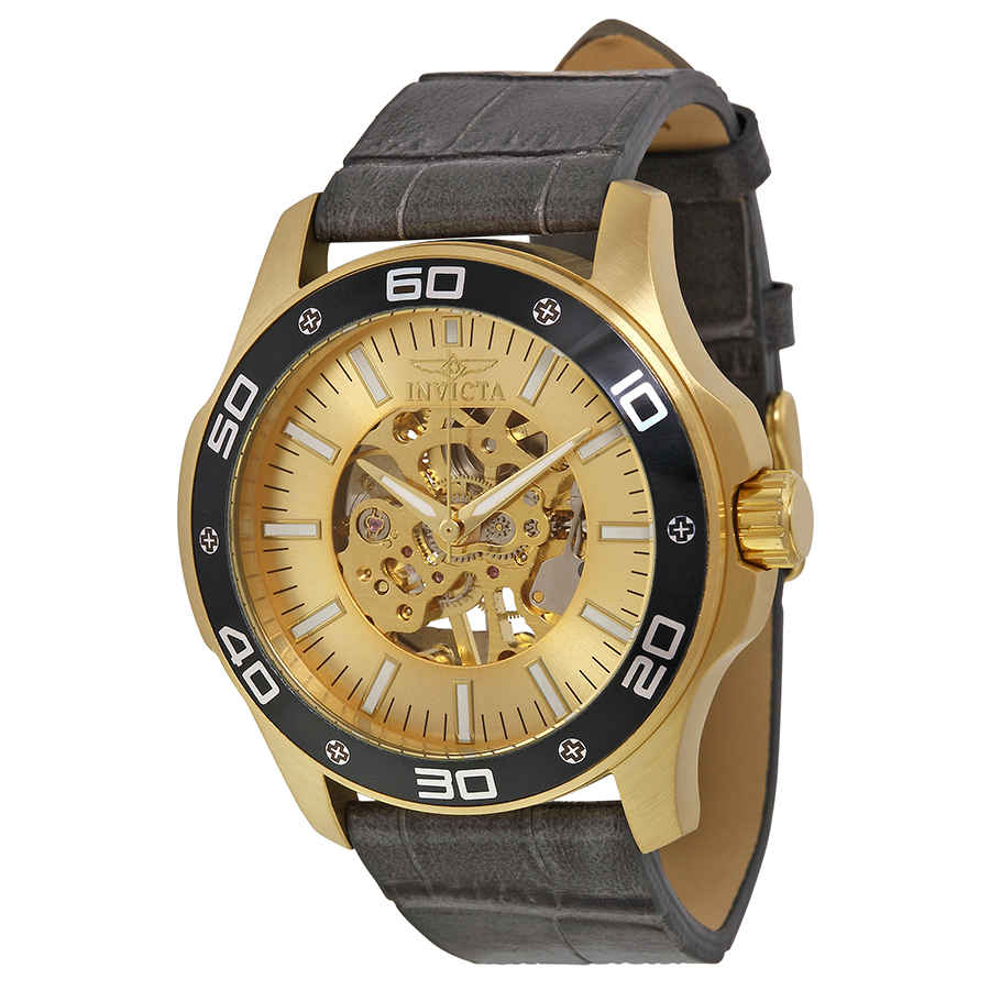 Invicta Specialty Gold Skeletal Dial Grey Leather Mens Watch 17262 In Black,gold Tone,grey