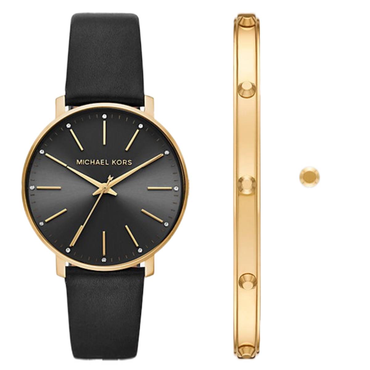Michael Kors Women's Pyper Three-hand Black Leather Watch 38mm And Jewelry Gift Set In Black / Gold Tone