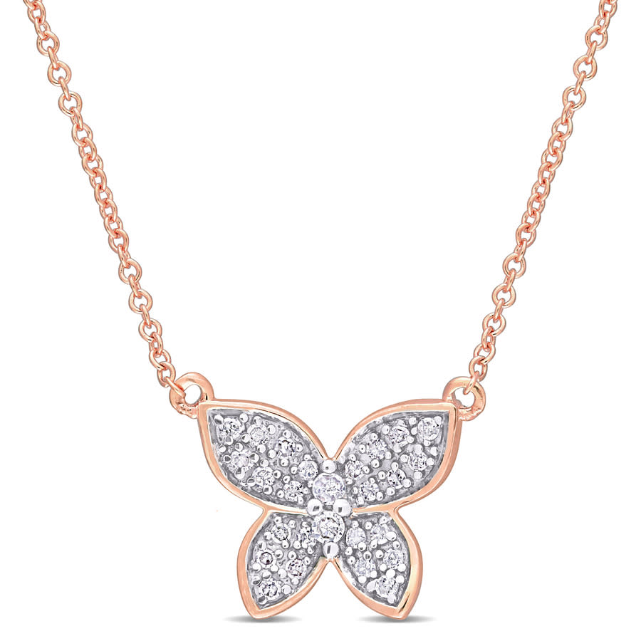 Amour 1/8 Ct Tdw Diamond Butterfly Pendant With Chain In 10k Rose Gold In Pink