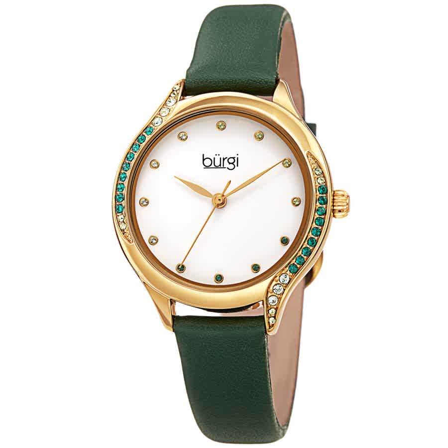 Burgi Crystal White Dial Green Leather Ladies Watch Bur239gn In Gold Tone / Green / White / Yellow