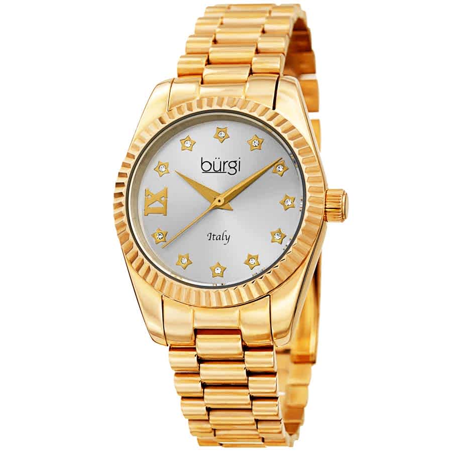 Burgi Designer Quartz Crystal Silver Dial Ladies Watch Bur194yg In Gold Tone / Silver