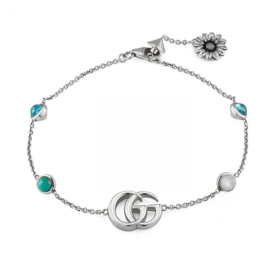 Shop Gucci Marmont Double G Silver Flower Bracelet In Blue / Mop / Silver