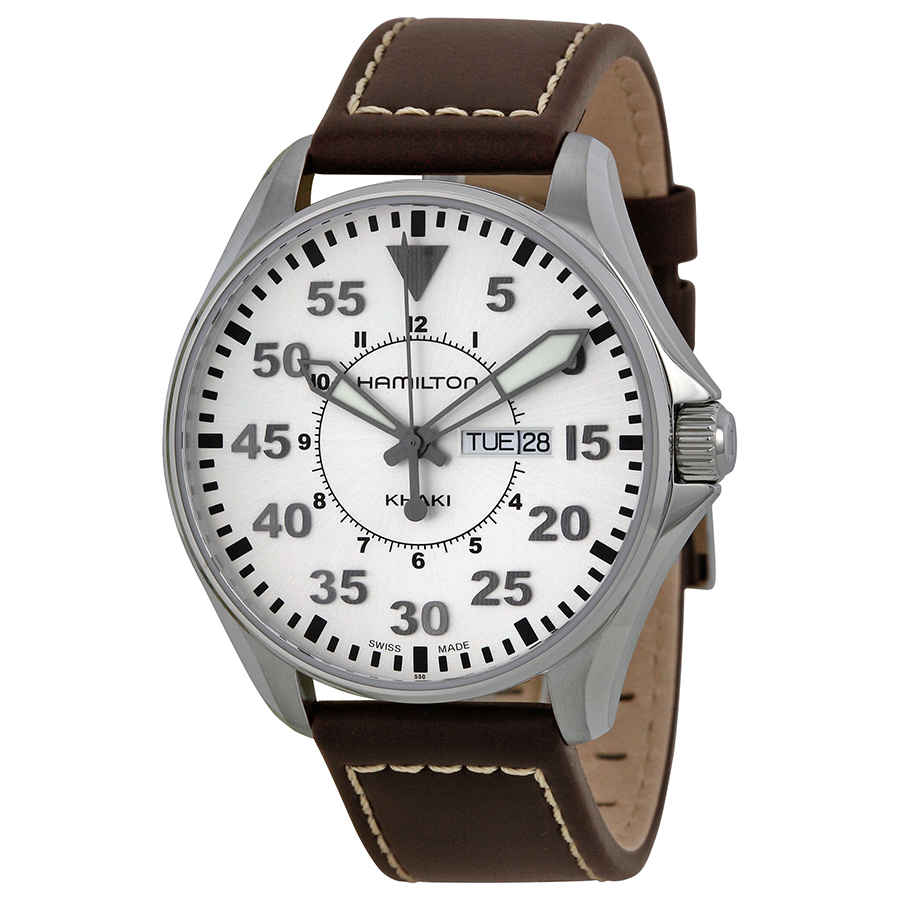 Hamilton Khaki Pilot Brown Leather Mens Watch H64611555 In Beige,brown,silver Tone