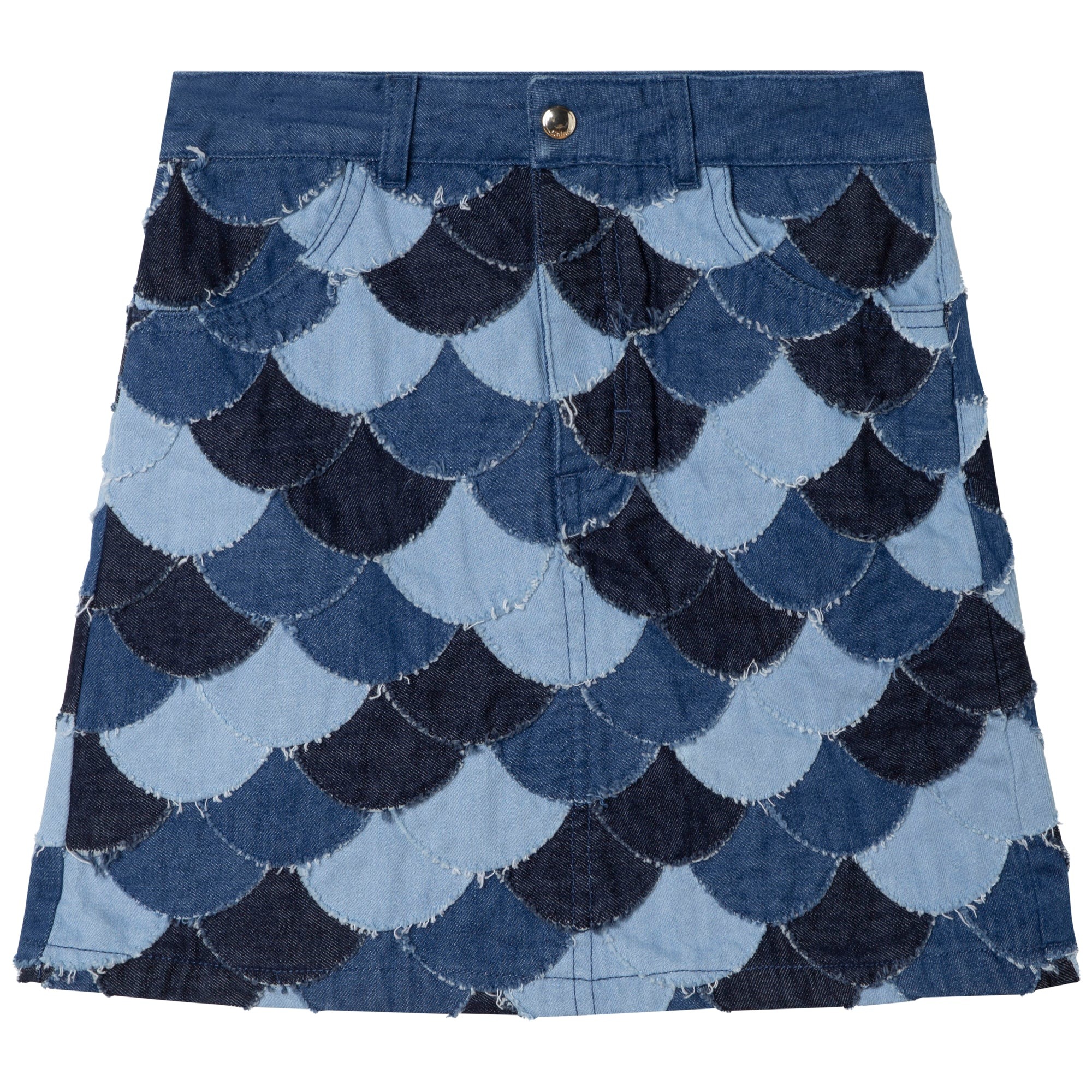 Chloé Kids Blue Patchwork Denim Mini Skirt In Denim Blue