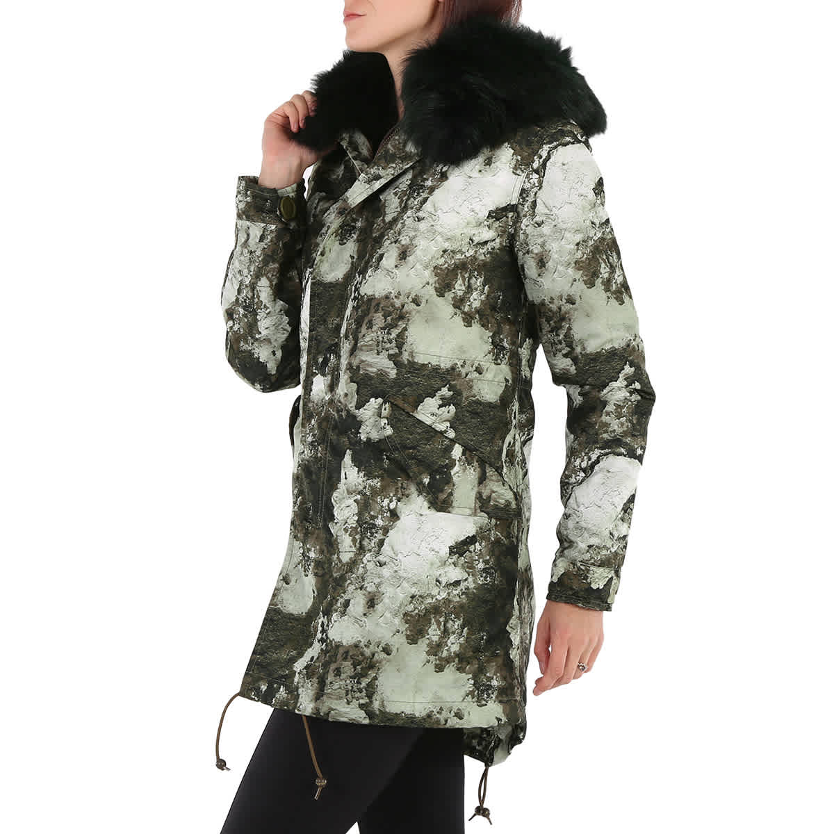 Mr & Mrs Italy Ladies Army Printed Nylon Parka Midi In Army