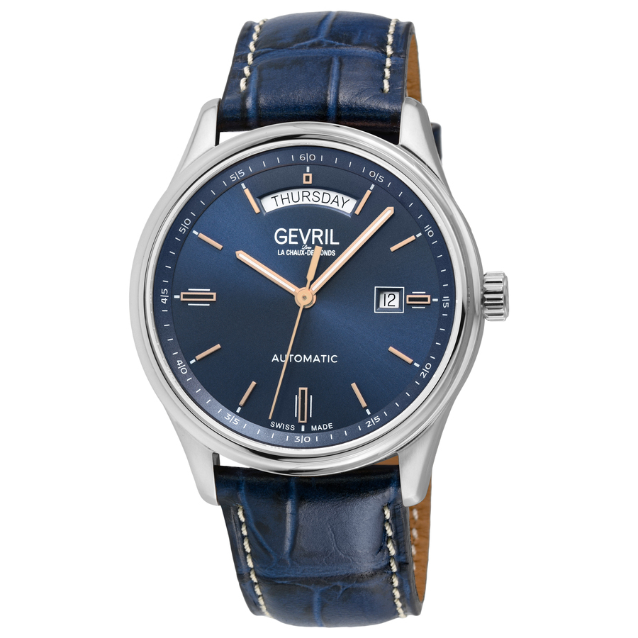 Gevril Men's Excelsior Swiss Automatic Blue Leather Watch 42mm In Blue / Gold Tone / Rose / Rose Gold Tone