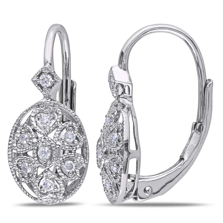 Amour 1/8 Ct Tw Diamond Vintage Heart Leverback Earrings In Sterling Silver In Silver