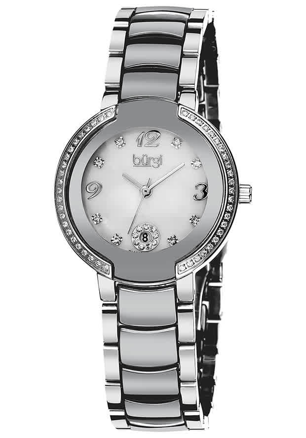 Burgi Mother Of Pearl Dial Silver-tone Ceramic And Stainless Steel Ladies Watch Bur072sl In Mother Of Pearl / Silver / White