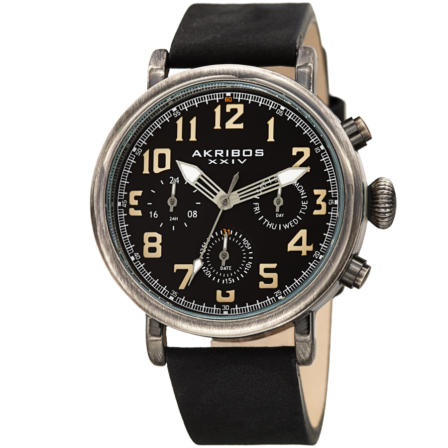 Akribos Xxiv Quartz Black Dial Black Leather Mens Watch Ak1028bk In Black,brown