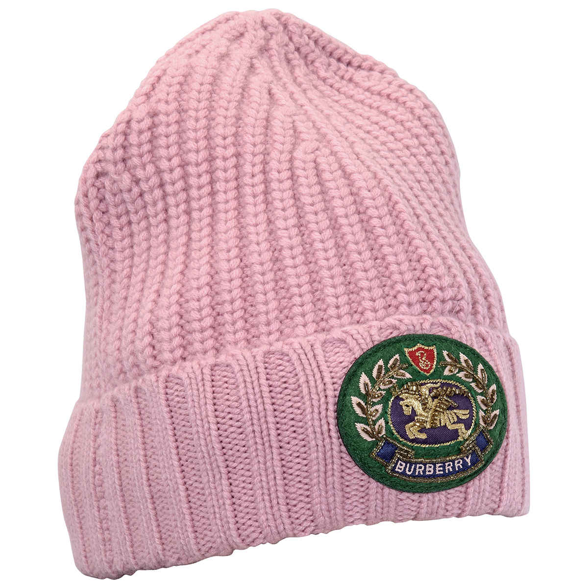 Burberry Embroidered Crest Rib Knit Wool Cashmere Beanie In Pink