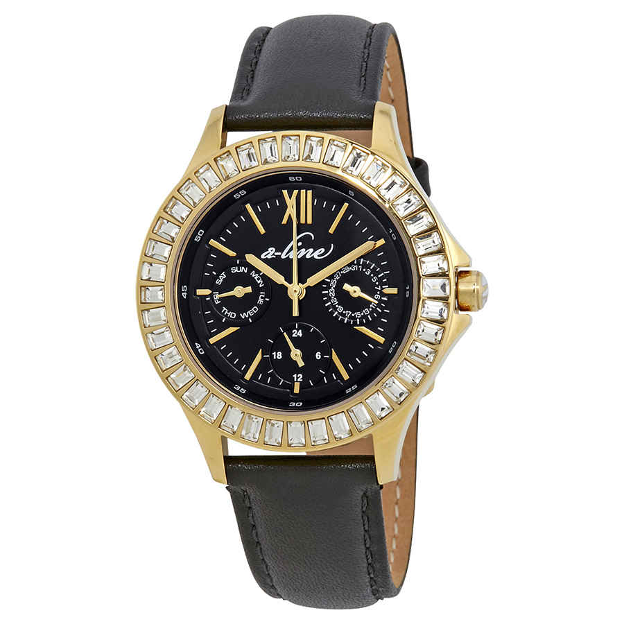 A_line Multi-function Quartz Crystal Black Dial Ladies Watch 80188-yg-01 In Black,gold Tone,yellow