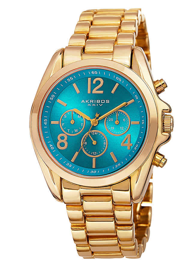 Akribos Xxiv Multi-function Blue Dial Yellow Gold-tone Ladies Watch Ak760ygtq In Blue / Gold / Gold Tone / Yellow