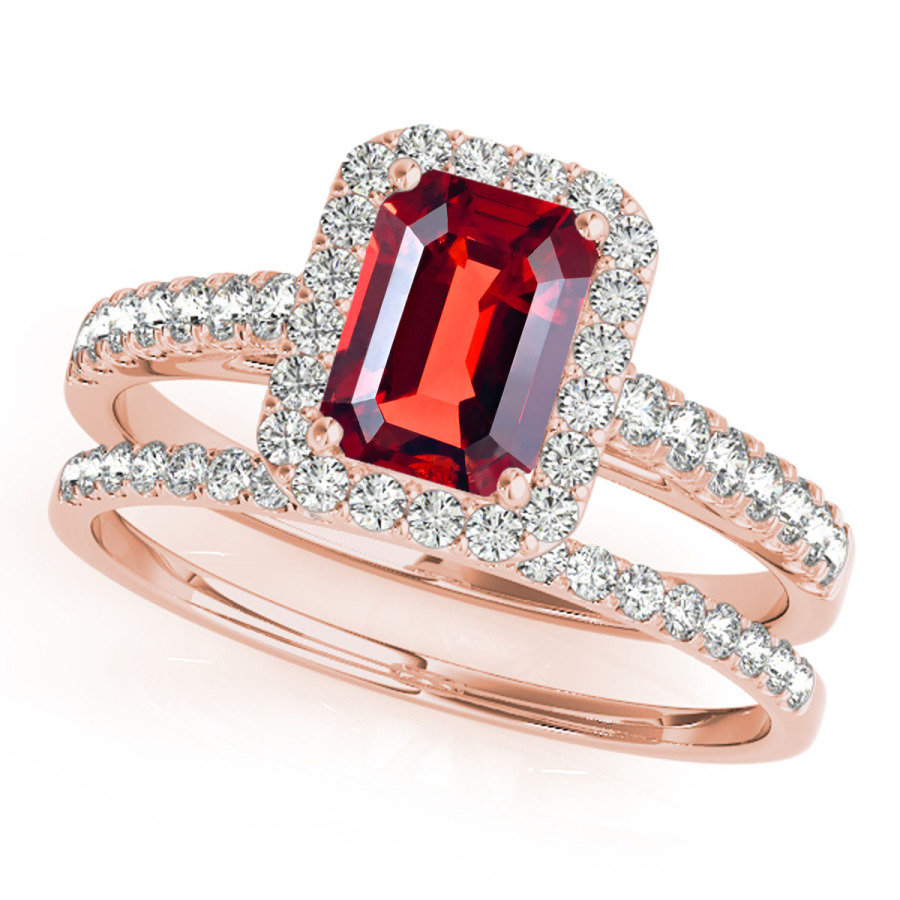 Maulijewels 10k Rose Gold Bridal Set Ring With 0.85 Carat Emerald Cut Ruby And Diamonds In Rose Gold-tone