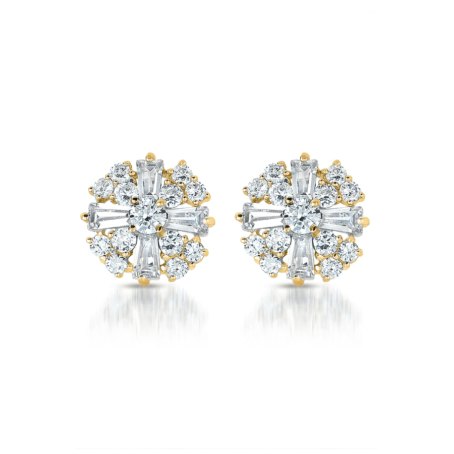 Megan Walford Cubic Zirconia Sterling Silver Round Baguette Earrings In Gold-tone