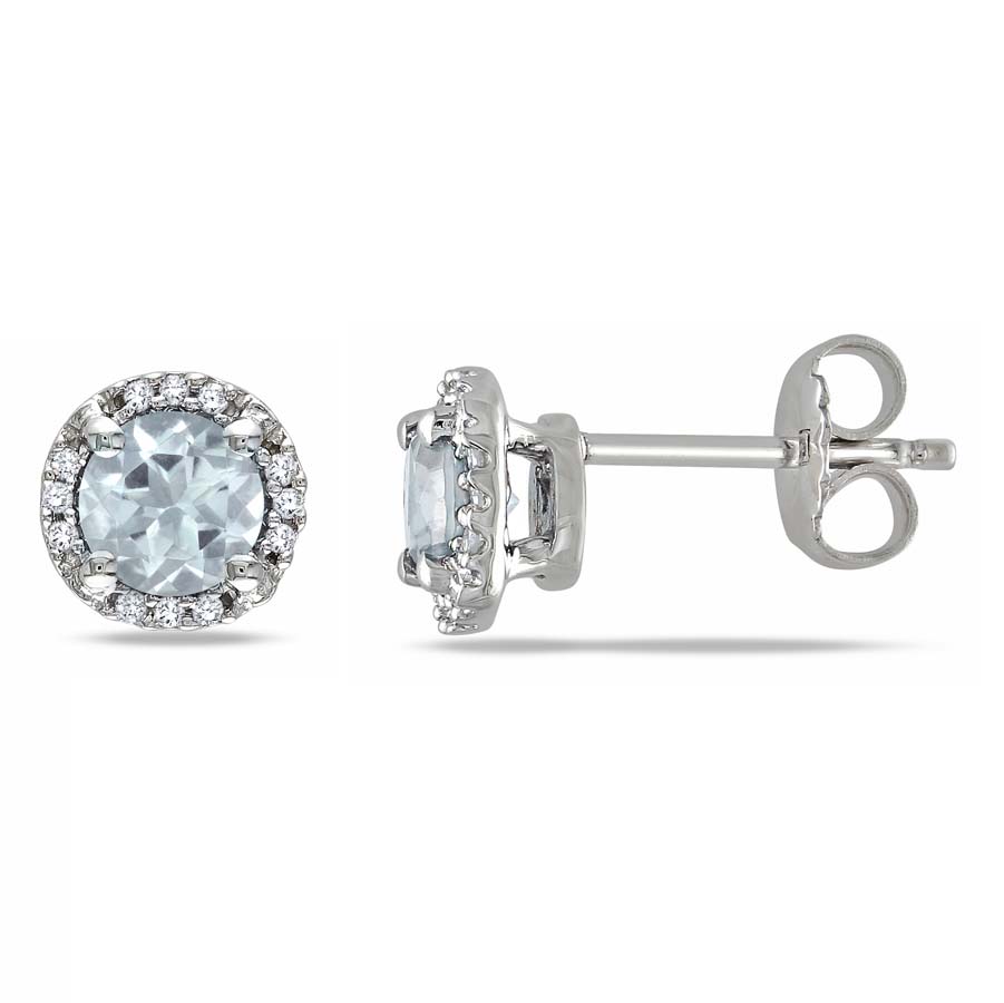 Amour Aquamarine And Diamond Halo Stud Earrings In Sterling Silver In Aqua / Aquamarine / Silver / White