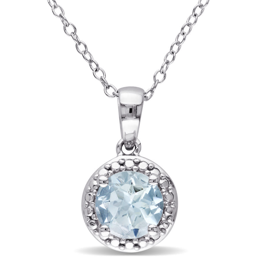 Amour Sterling Silver Aquamarine Halo Pendant With Chain In White