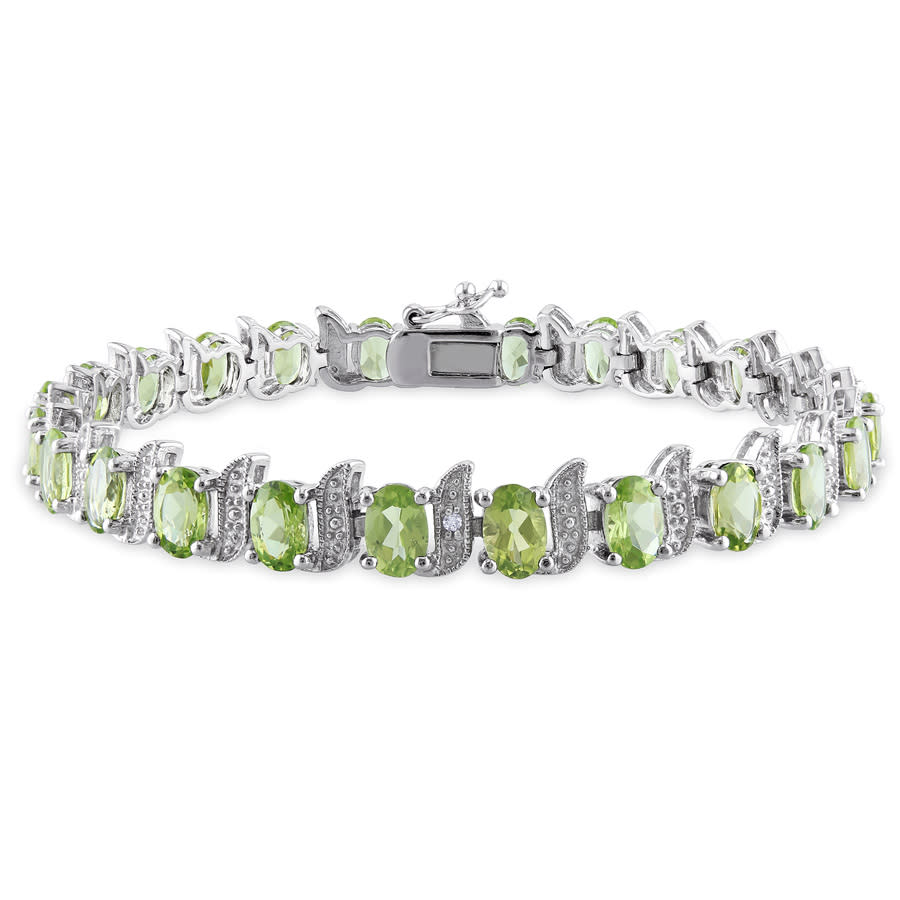 Amour 11 3/4 Ct Tgw Peridot And Diamond S-link Bracelet In Sterling Silver In White