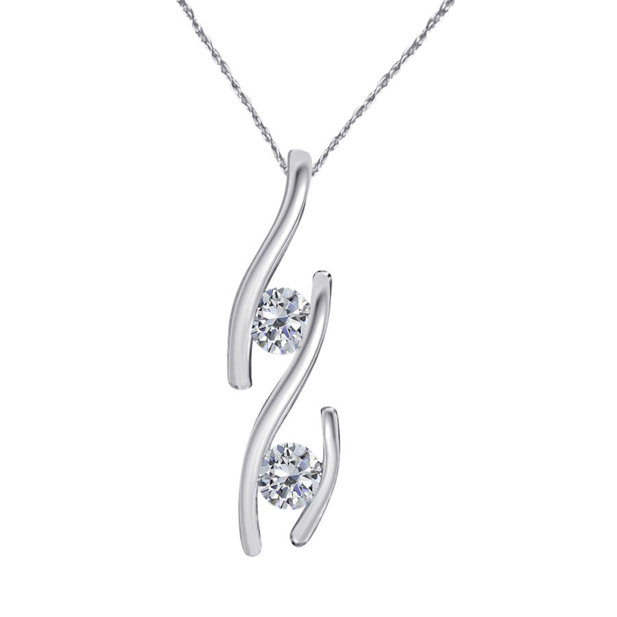 MAULIJEWELS 0.30 CARAT DIAMOND TWO STONE PENDANT IN 14K SOLID WHITE GOLD WITH18'' 14K WHITE GOLD PLATED STERLING