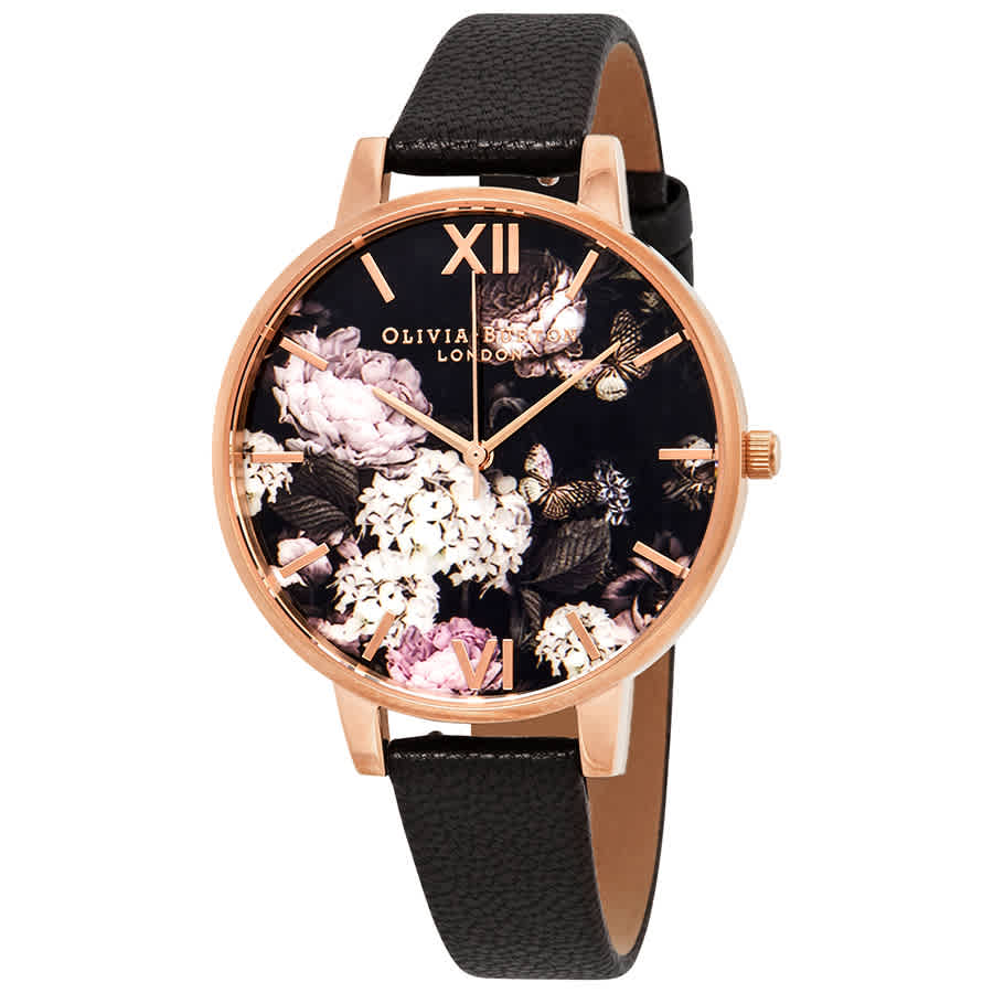 Olivia Burton Signature Florals Black Dial Ladies Watch Ob15wg12 In Black,gold Tone,pink,rose Gold Tone