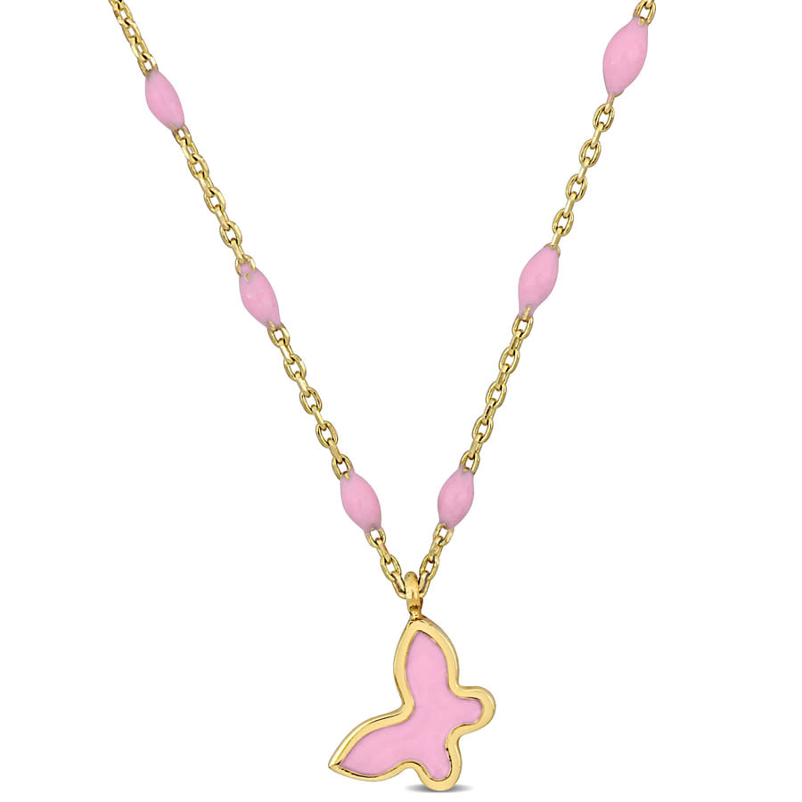 Amour Pink Enamel Butterfly Necklace In 14k Yellow Gold