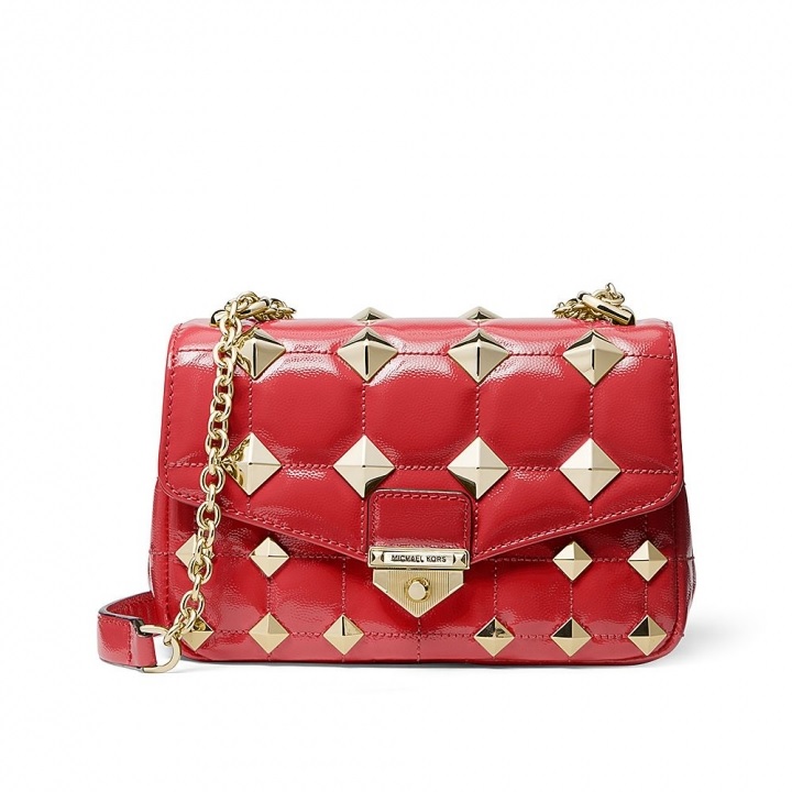 Michael Kors Ladies Soho Small Studded Quilted Patent Leather Shoulder Bag In Crimson