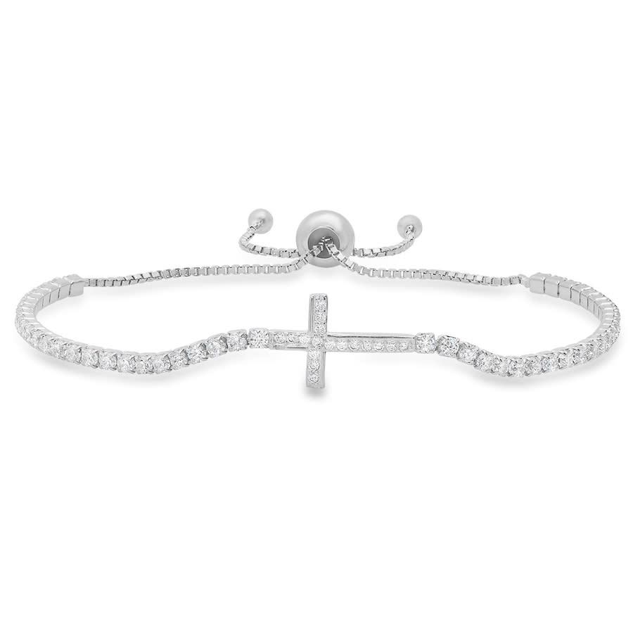 Kylie Harper Sterling Silver Cubic Zirconia  Cz Cross Adjustable Bracelet In Silver-tone