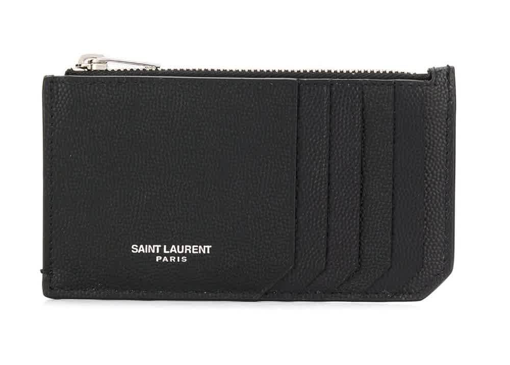 Saint Laurent Mens Grain De Poudre Leather Card Case In Black In Black,silver Tone