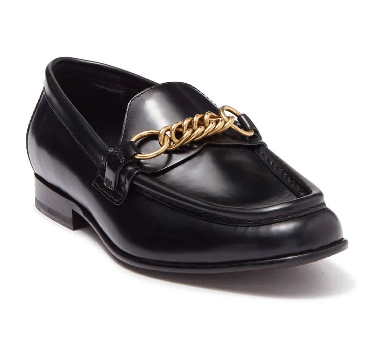 Burberry Ladies Solway Chain Link Strap Leather Loafers In Black,gold Tone