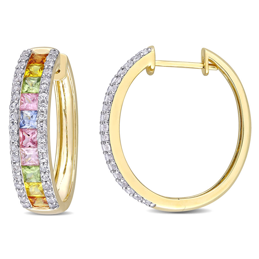 Amour 5 3/4 Ct Tgw Multi-color Sapphire Hoop Earrings In 14k Yellow Gold
